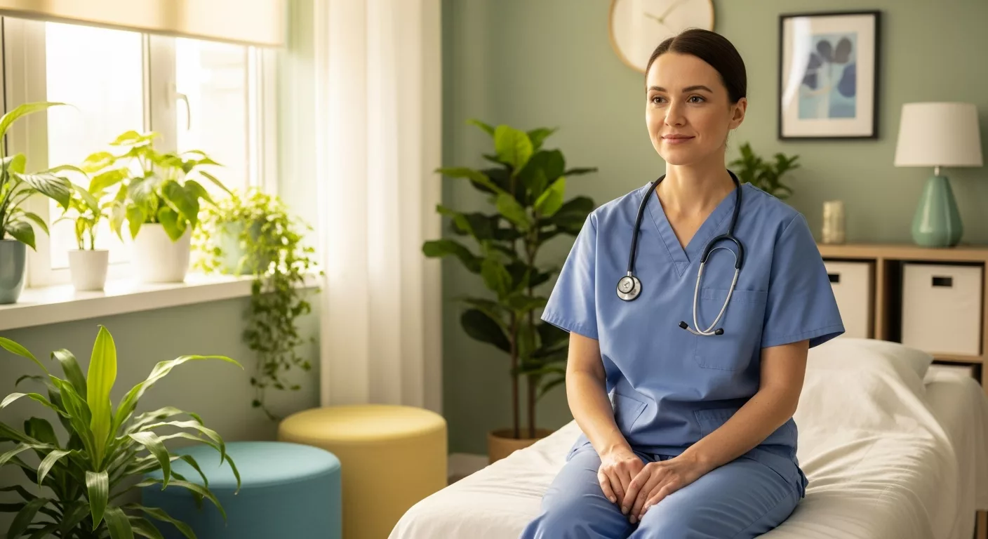 Healthcare worker in peaceful therapy setting representing brainspotting for healthcare workers secondary trauma recovery
