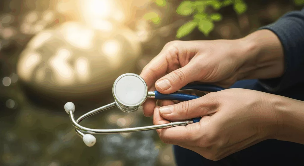 Medical stethoscope with healing light representing trauma therapy for medical professionals and healthcare worker wellness