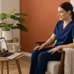 Healthcare worker attending virtual therapy session for complex PTSD treatment