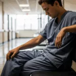 Healthcare worker with complex PTSD taking a quiet moment in hospital hallway