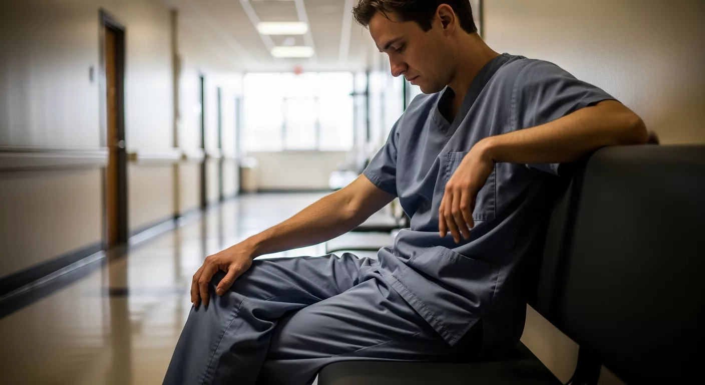 Healthcare worker with complex PTSD taking a quiet moment in hospital hallway