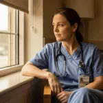 Healthcare worker in hospital break room reflecting on complex PTSD challenges