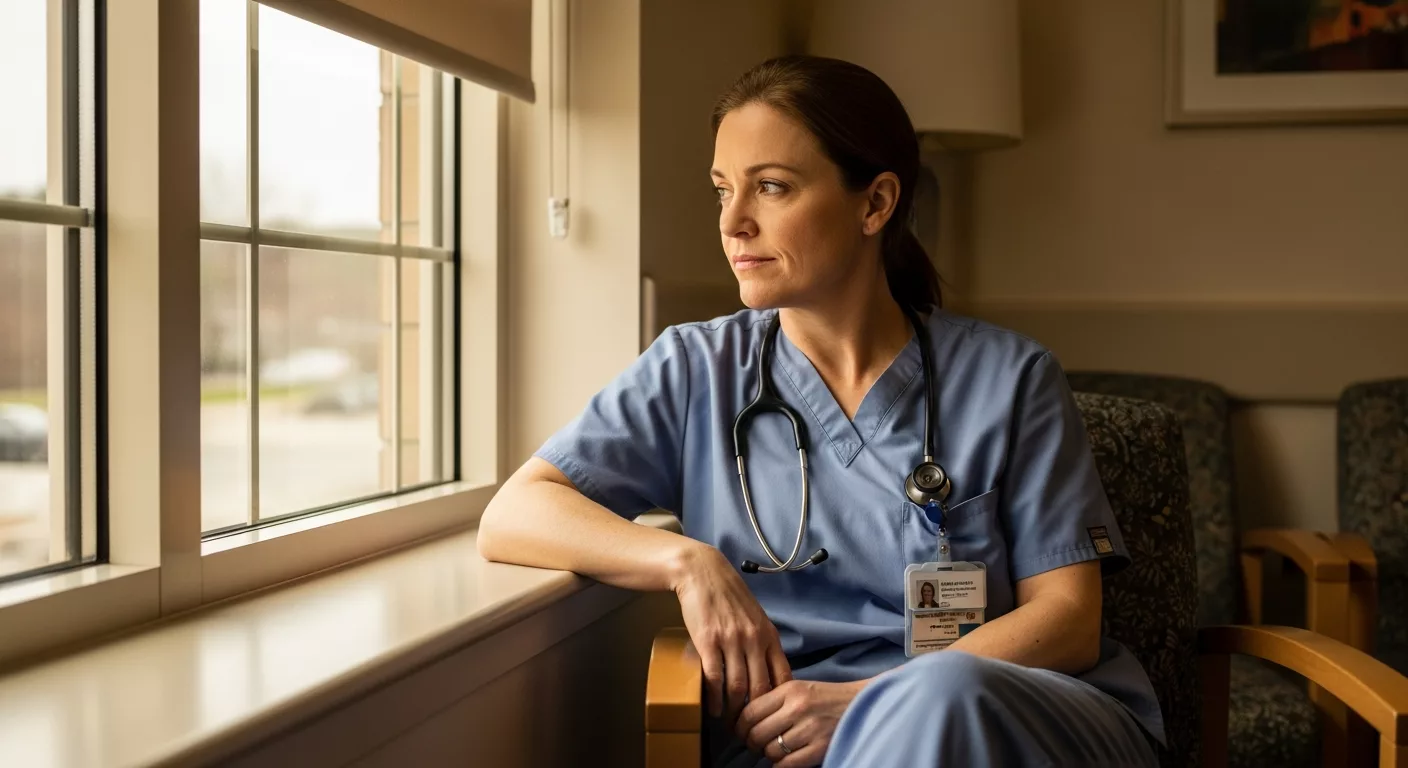 Healthcare worker in hospital break room reflecting on complex PTSD challenges