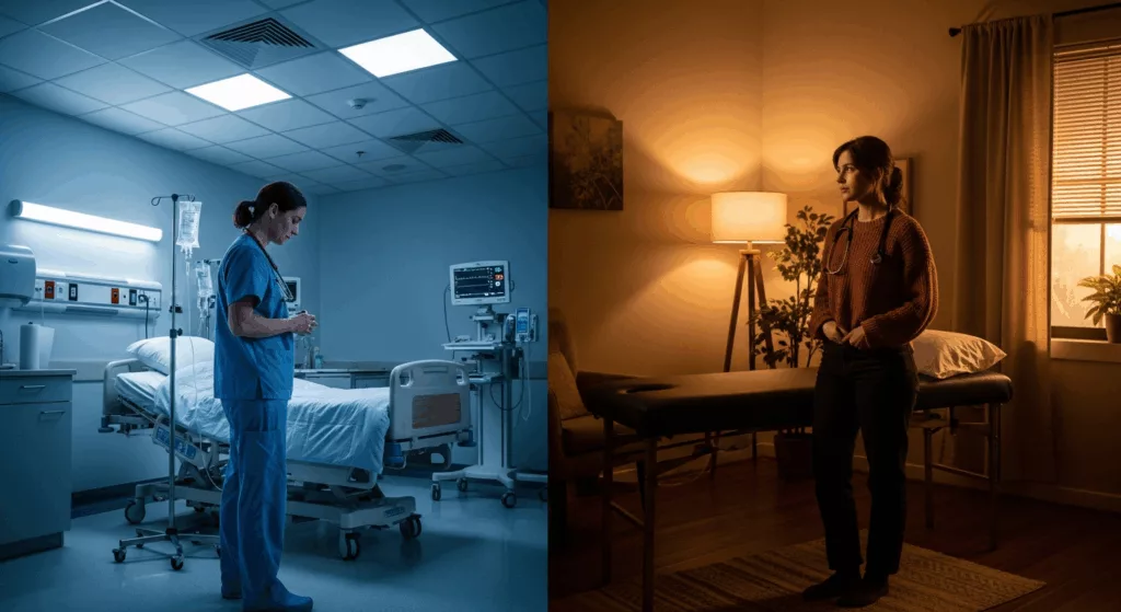 Contrast between traditional healthcare stress management and specialized trauma therapy for medical professionals