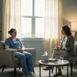 Healthcare worker receiving specialized complex trauma therapy in peaceful Florida treatment setting