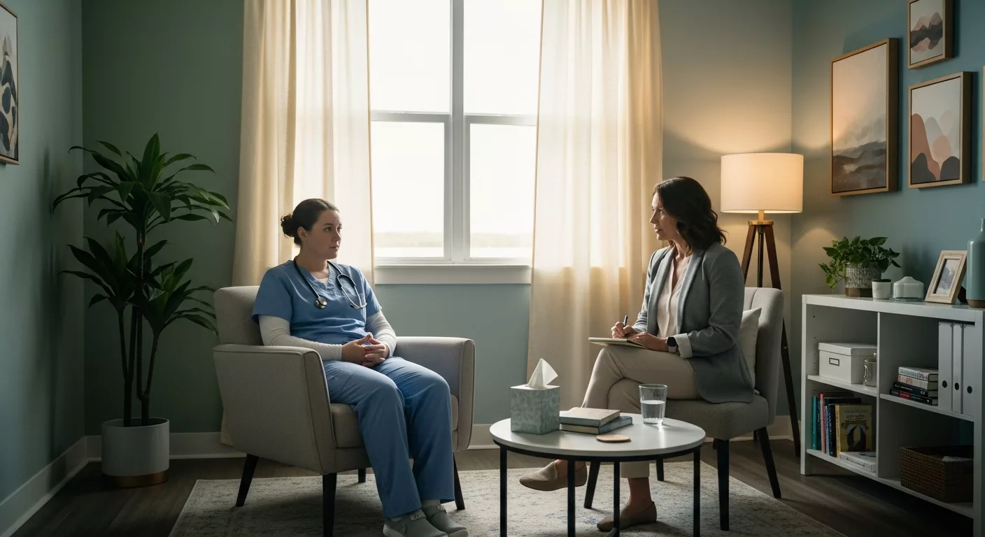 Healthcare worker receiving specialized complex trauma therapy in peaceful Florida treatment setting