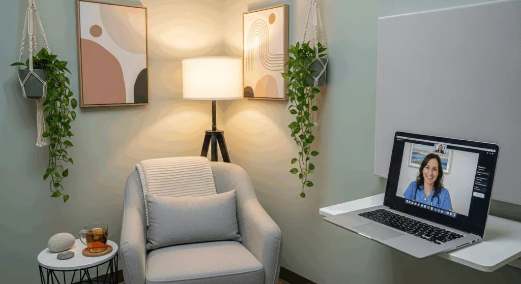 Telehealth EMDR therapy session for healthcare workers with complex trauma treatment