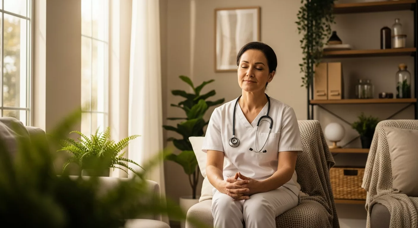 Healthcare worker finding peace in specialized complex trauma treatment therapy office