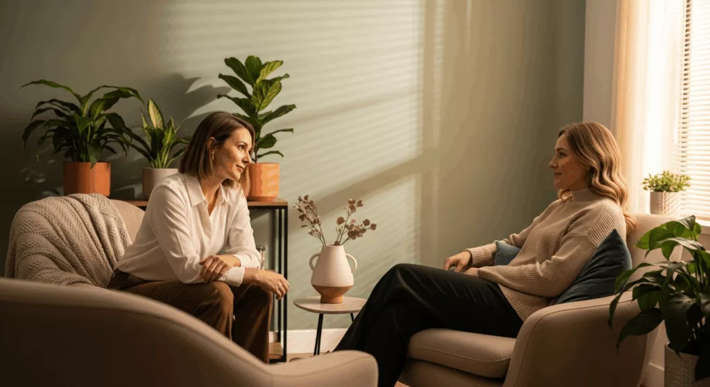 Healthcare worker trauma therapy session with specialized therapist providing evidence-based treatment