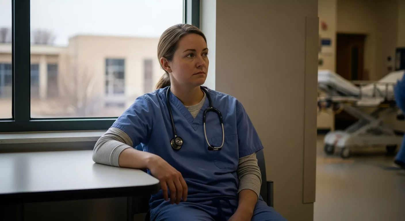 Healthcare worker experiencing dissociation in caregivers - looking distant and disconnected in hospital setting