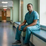 Healthcare worker experiencing dissociation in caregivers sitting in hospital hallway