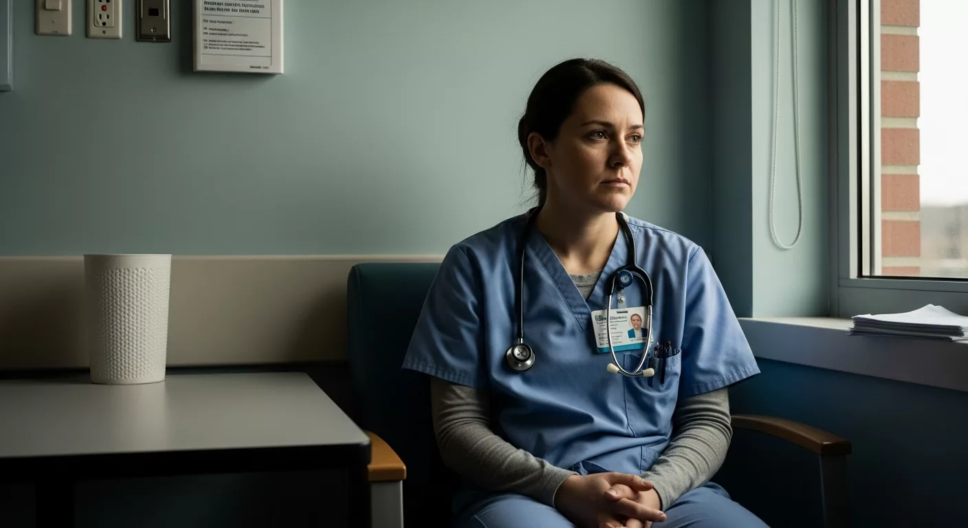Healthcare worker experiencing dissociation in caregivers while taking a break from patient care