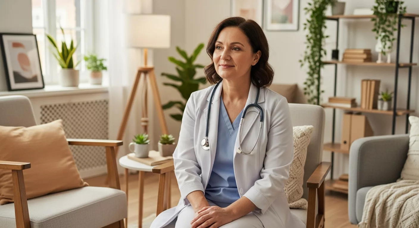 Professional therapist in welcoming office setting representing dissociative disorders treatment for caregivers