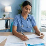 Healthcare professional reviewing insurance coverage EMDR therapy benefits and documentation