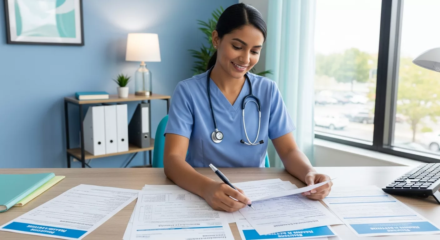 Healthcare professional reviewing insurance coverage EMDR therapy benefits and documentation