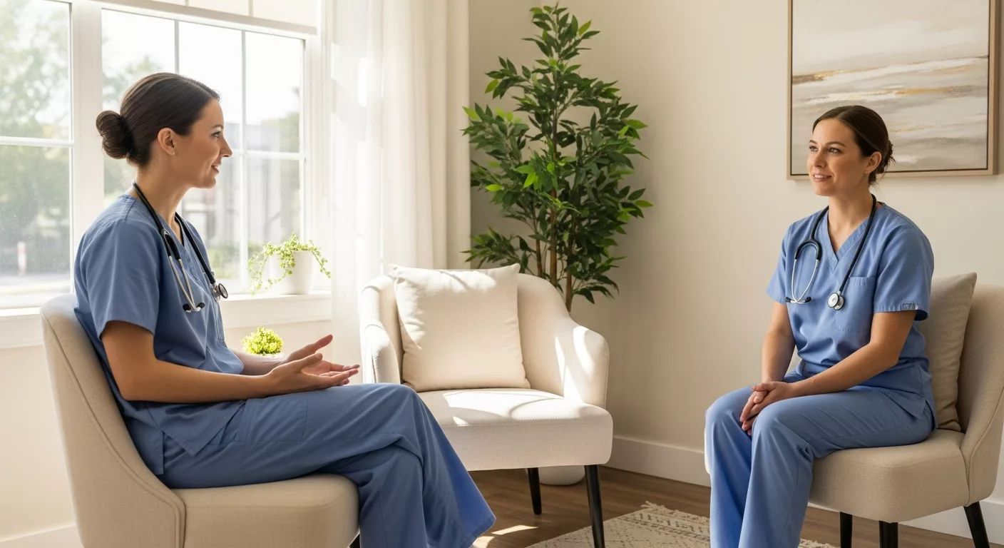 Healthcare worker receiving EMDR therapy for trauma recovery in peaceful therapy setting