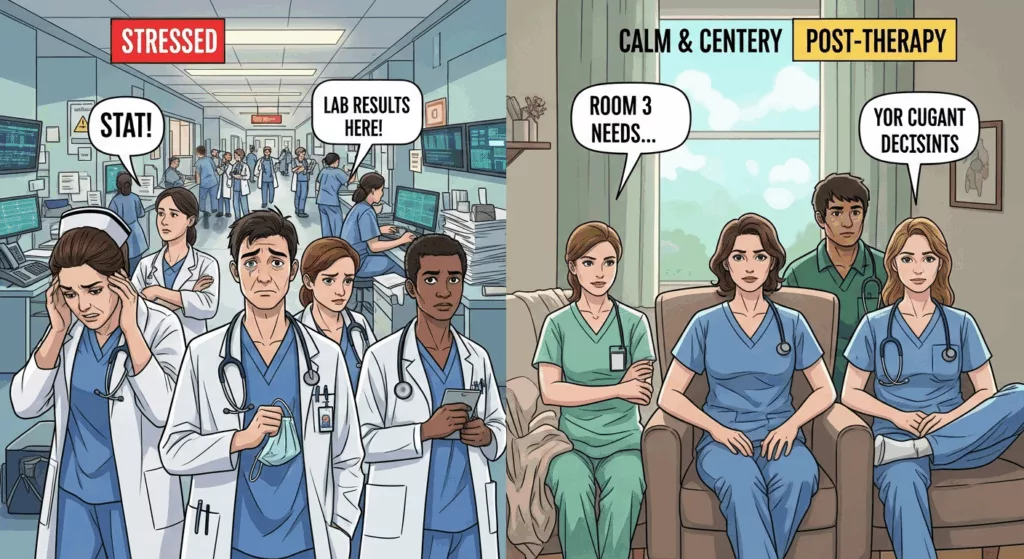 Before and after comparison showing healthcare workers finding peace through EMDR trauma therapy