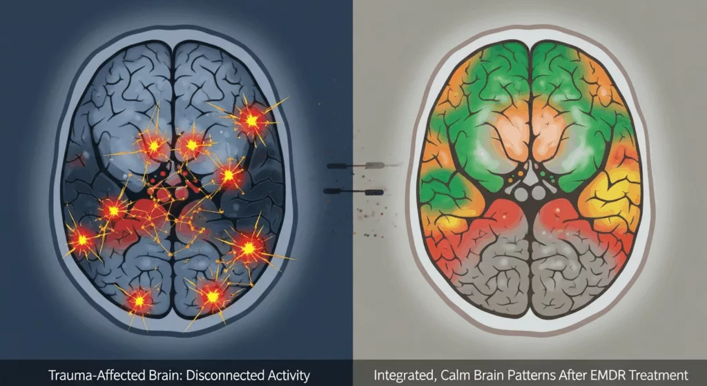 Brain imaging comparison showing effectiveness of evidence-based trauma therapy EMDR for healthcare workers