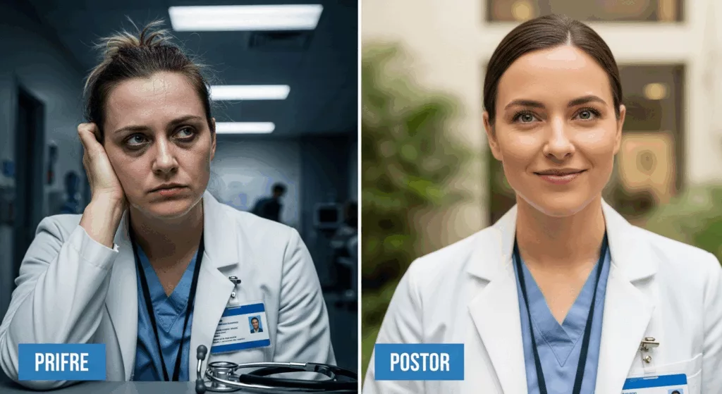 Before and after comparison showing healthcare worker's transformation through EMDR therapy for trauma recovery