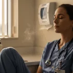Healthcare professional practicing highly sensitive person energy protection techniques during work break