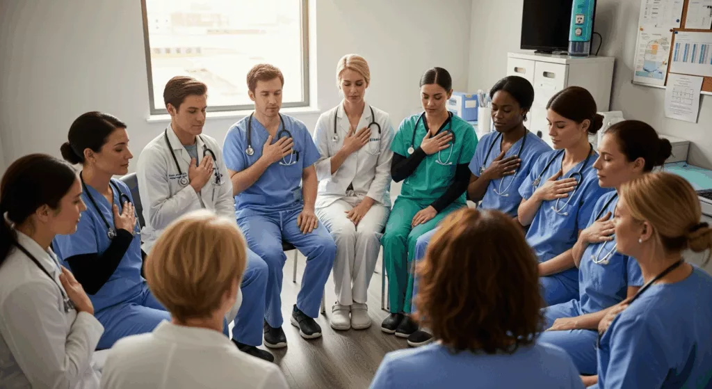 Healthcare workers practicing energy protection and grounding techniques together for empath burnout prevention