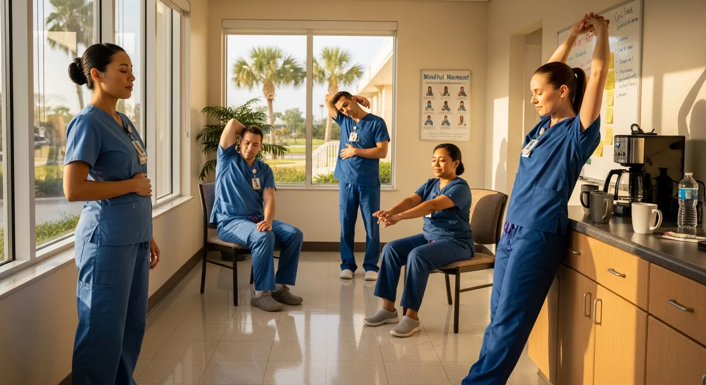 Florida nurses practicing evidence-based self-care techniques during their break, demonstrating professional wellness strategies