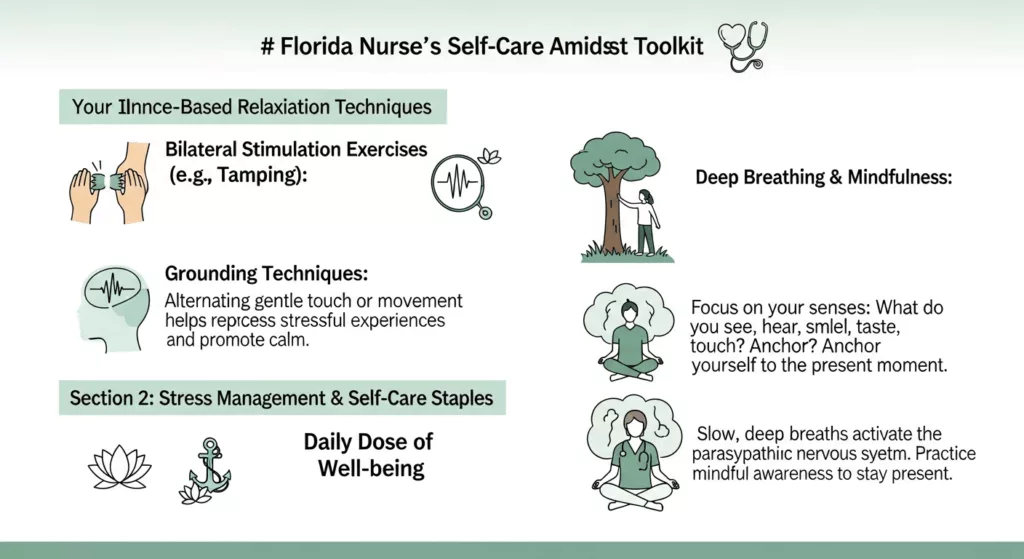 Visual guide to self-care for Florida nurses showing evidence-based stress management techniques and climate-specific wellness strategies