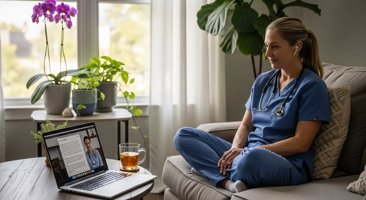 Healthcare worker accessing flexible trauma therapy Florida through telehealth session at home