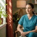 Healthcare professional in therapy setting recovering from narcissistic abuse in healthcare workplace