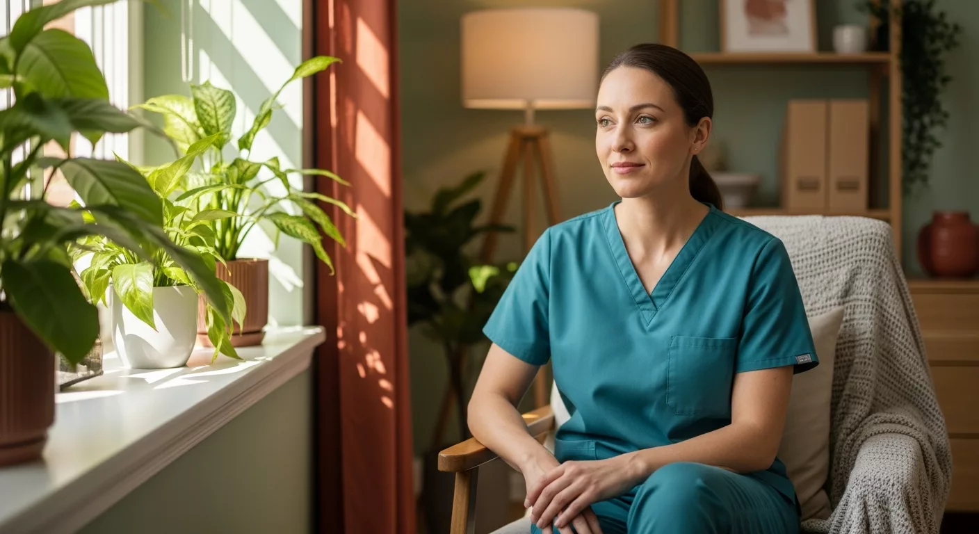 Healthcare professional in therapy setting recovering from narcissistic abuse in healthcare workplace