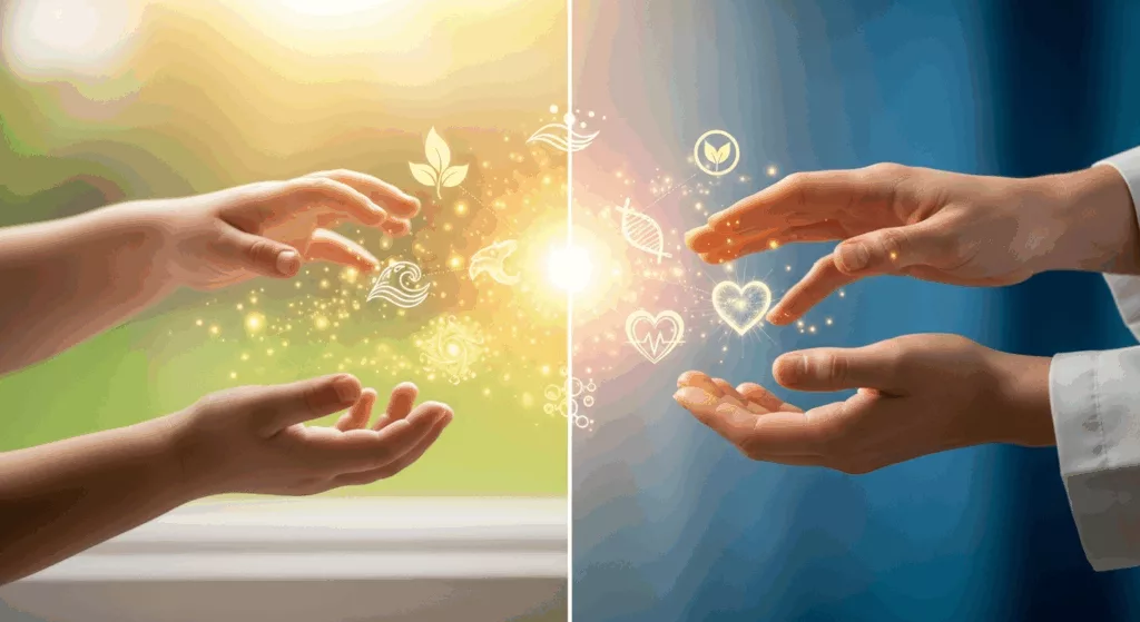 Visual representation of childhood trauma leading to healthcare careers and healing journey