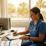 Healthcare professional reviewing insurance coverage EMDR therapy Florida documentation in bright medical office