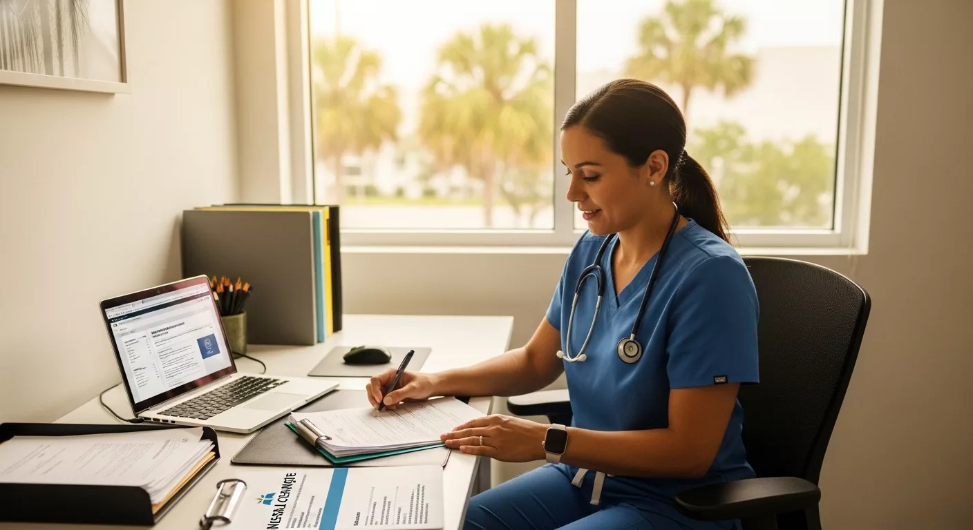Healthcare professional reviewing insurance coverage EMDR therapy Florida documentation in bright medical office