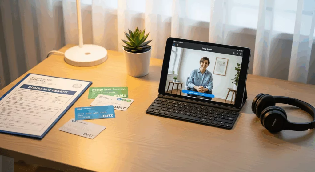 Insurance documents and telehealth setup showing trauma therapy insurance benefits and specialized treatment coverage options