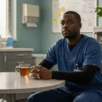 Healthcare worker managing dissociation during break, demonstrating grounding techniques for medical professionals