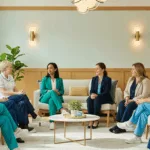 Healthcare professionals and therapists receiving support for narcissistic abuse recovery in a healing environment