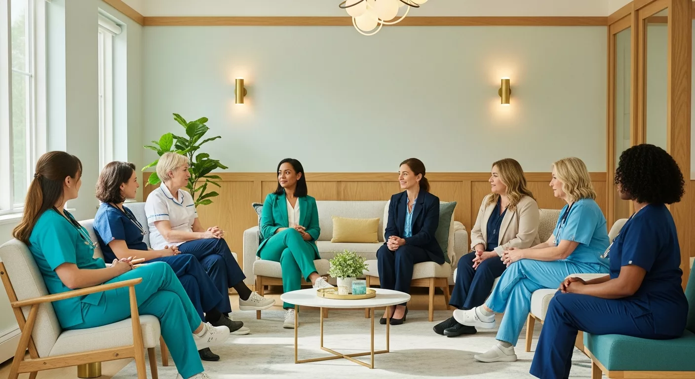 Healthcare professionals and therapists receiving support for narcissistic abuse recovery in a healing environment