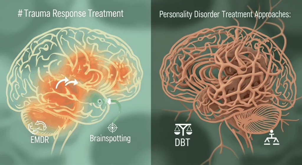 Visual comparison of trauma response symptoms versus personality disorder diagnosis and treatment approaches