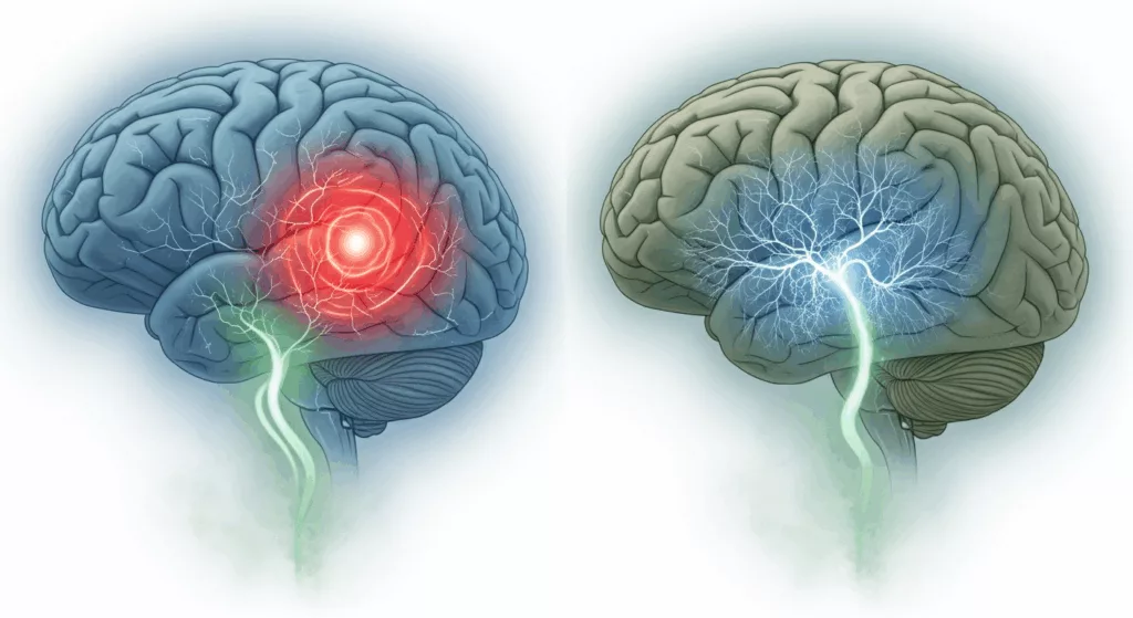 Scientific brain illustration comparing trauma response patterns versus personality disorder neural pathways