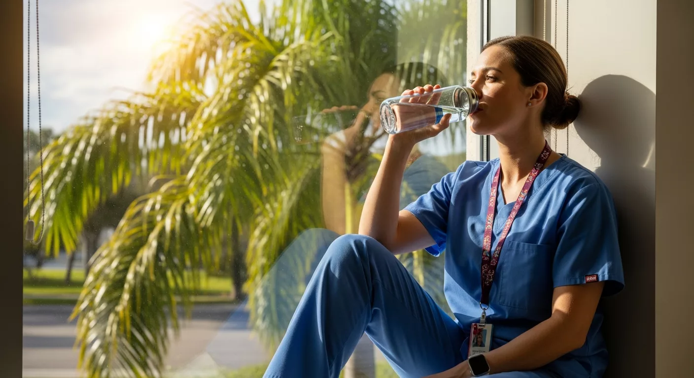 Florida nurse practicing self-care during hospital break, demonstrating science-based wellness strategies for healthcare professionals
