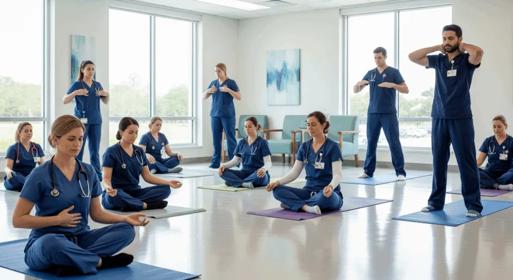 Healthcare professionals in Florida practicing evidence-based self-care techniques for nurse burnout prevention and stress management