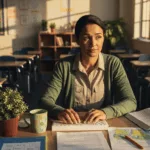 Teacher experiencing secondary trauma in empty classroom, representing the emotional challenges educators face