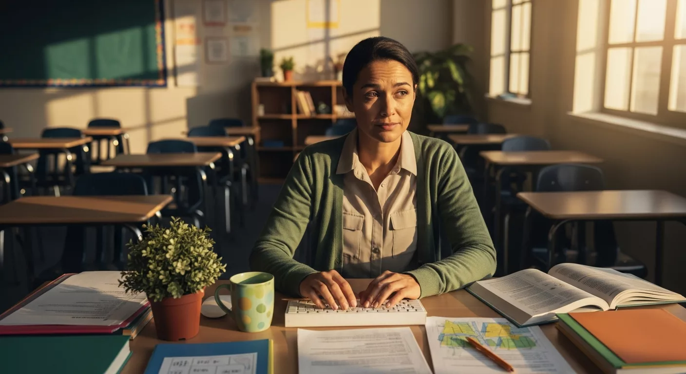 Teacher experiencing secondary trauma in empty classroom, representing the emotional challenges educators face