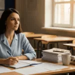 Teacher experiencing secondary trauma sitting thoughtfully in classroom, representing the emotional challenges educators face