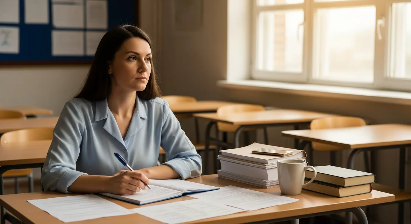 Teacher experiencing secondary trauma sitting thoughtfully in classroom, representing the emotional challenges educators face