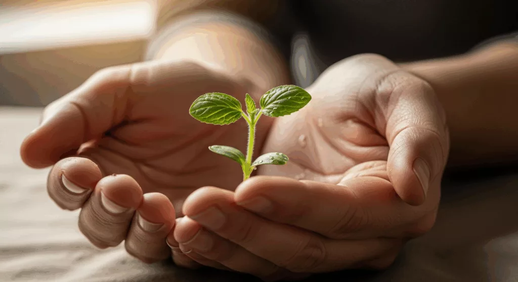 Hands nurturing a growing plant symbolizing healing and recovery for teachers with secondary trauma