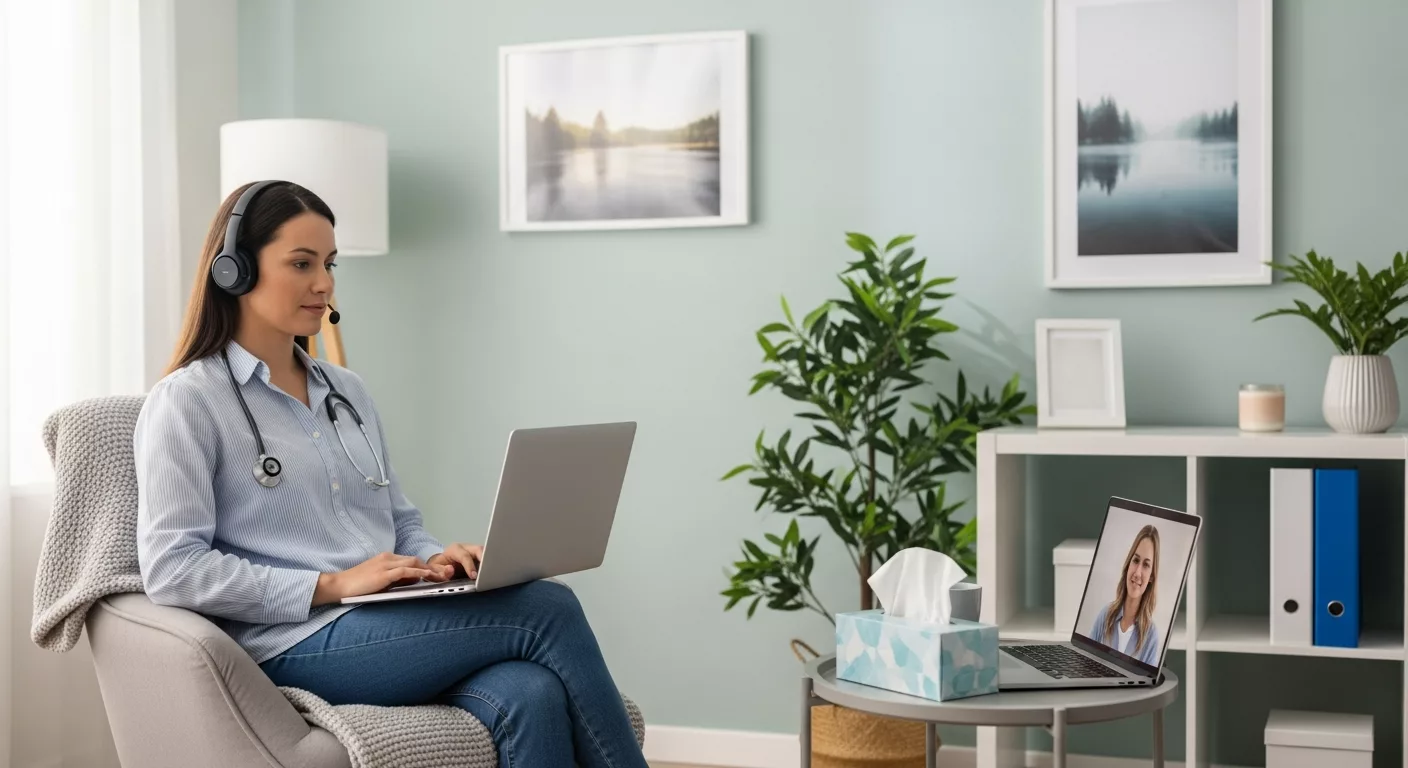 Healthcare professional engaging in telehealth EMDR Florida session from comfortable home office setting