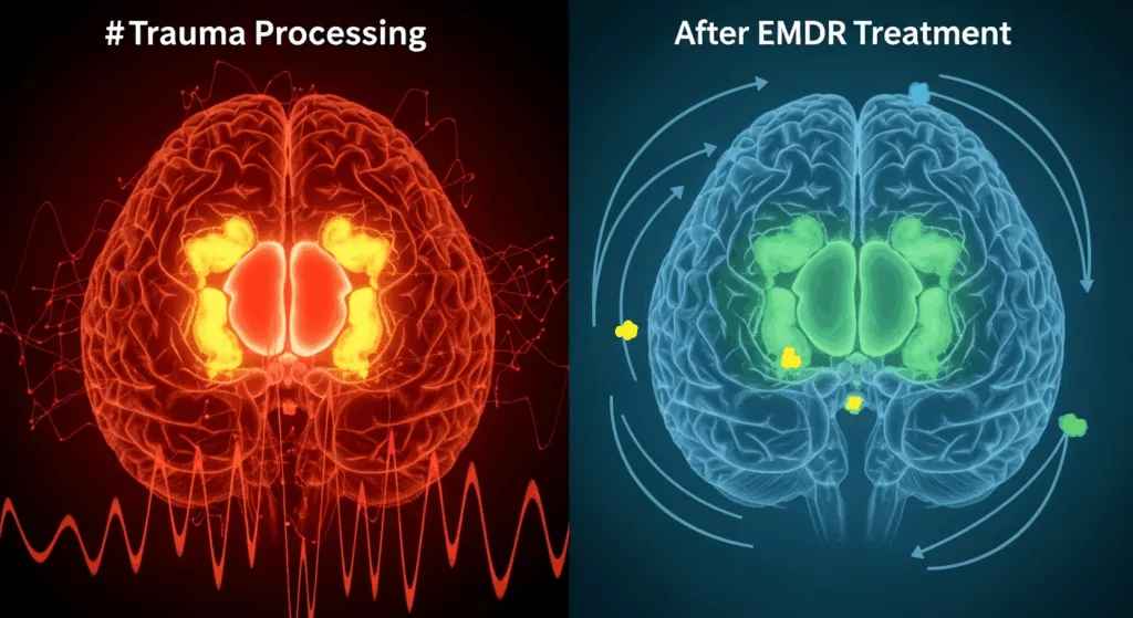 Brain imaging comparison showing neural changes from virtual EMDR treatment for trauma processing
