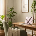 Comfortable home telehealth therapy setup for empaths in Florida with calming environment and laptop