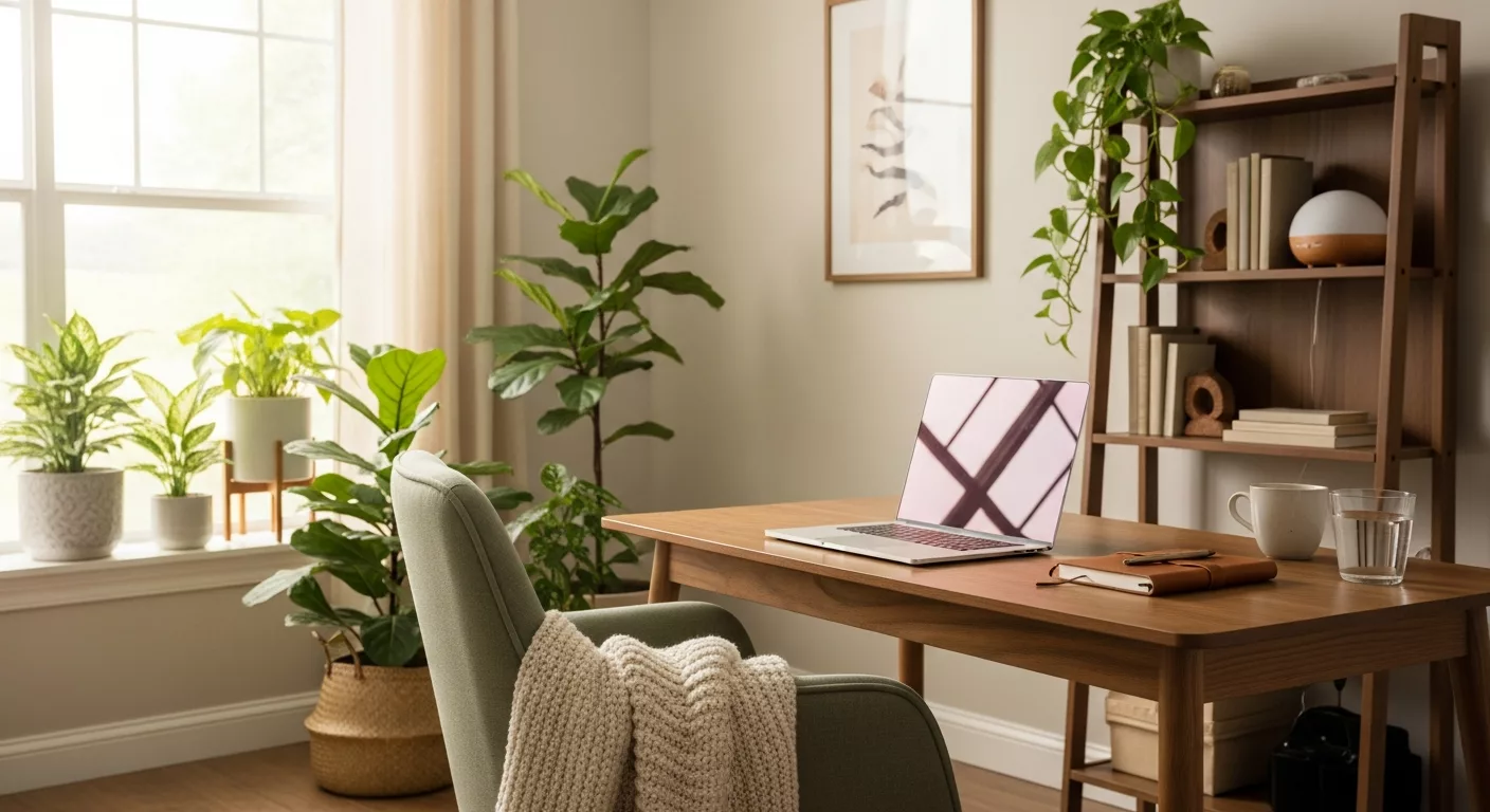Comfortable home telehealth therapy setup for empaths in Florida with calming environment and laptop